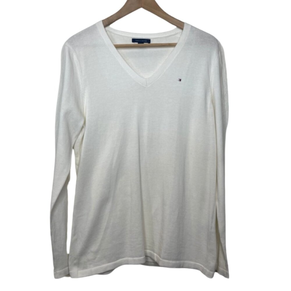 TOMMY HILFIGER | White Long Sleeve Pull Over Cotton V-neck Sweater | Size L